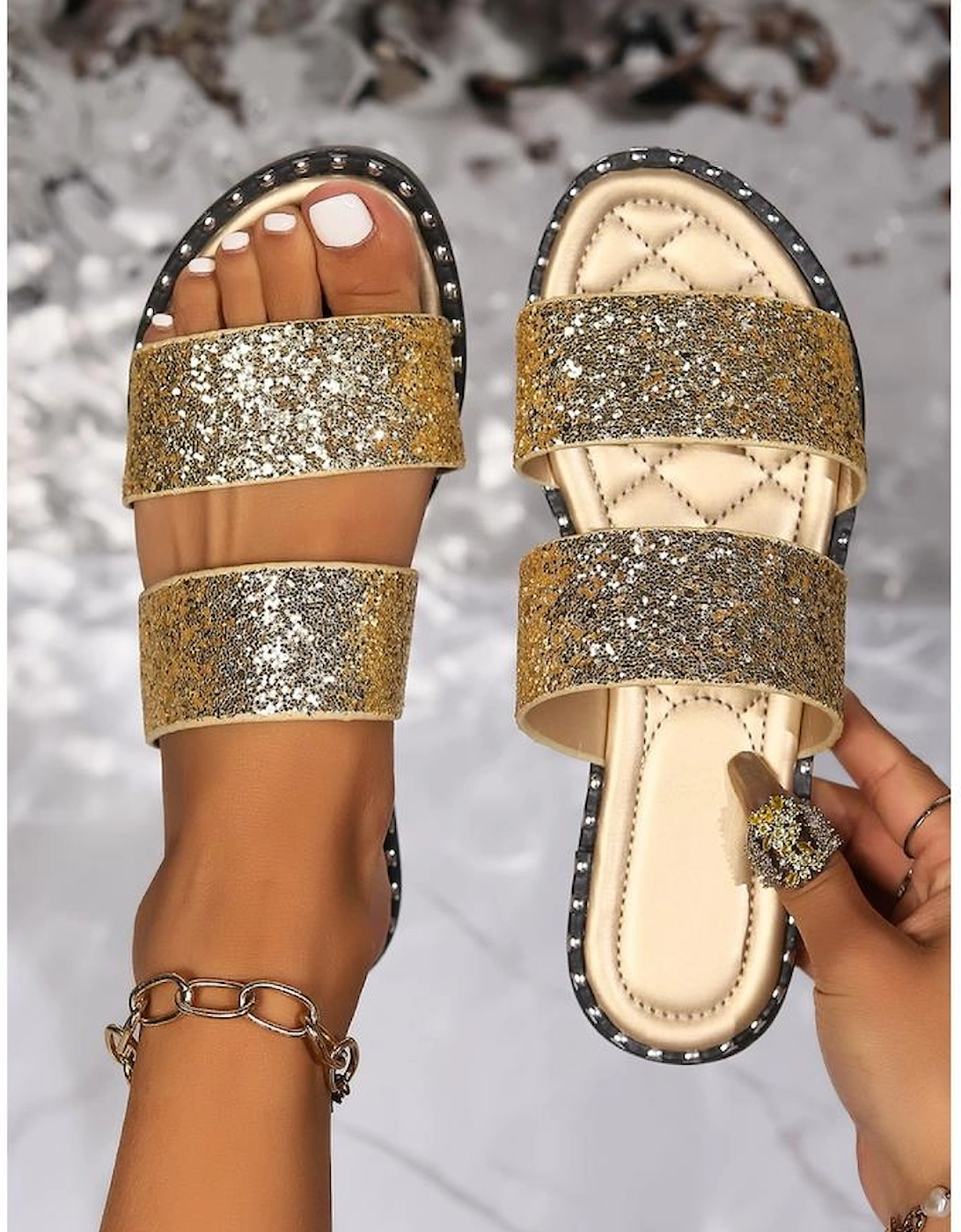 Gold Glittering Hollow Out Dual Straps Flat Slippers
