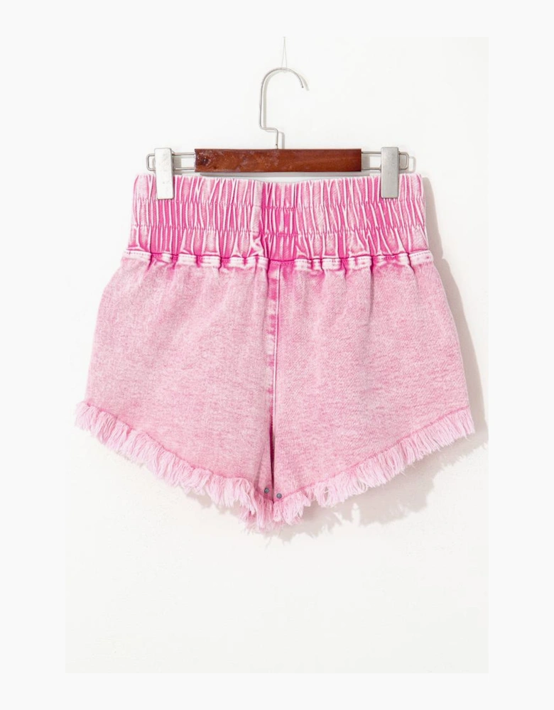 Pink Washed Wide Smocked Waistband Frayed Denim Shorts