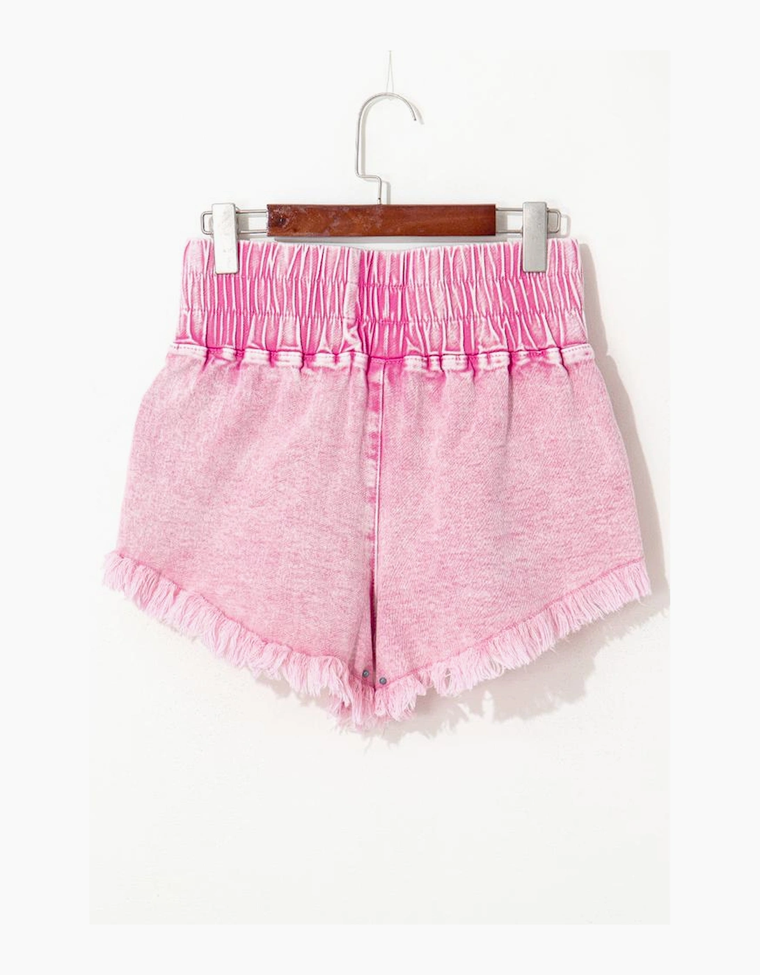 Pink Washed Wide Smocked Waistband Frayed Denim Shorts
