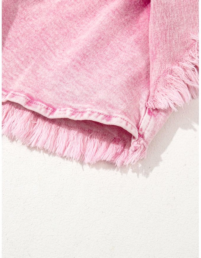 Pink Washed Wide Smocked Waistband Frayed Denim Shorts