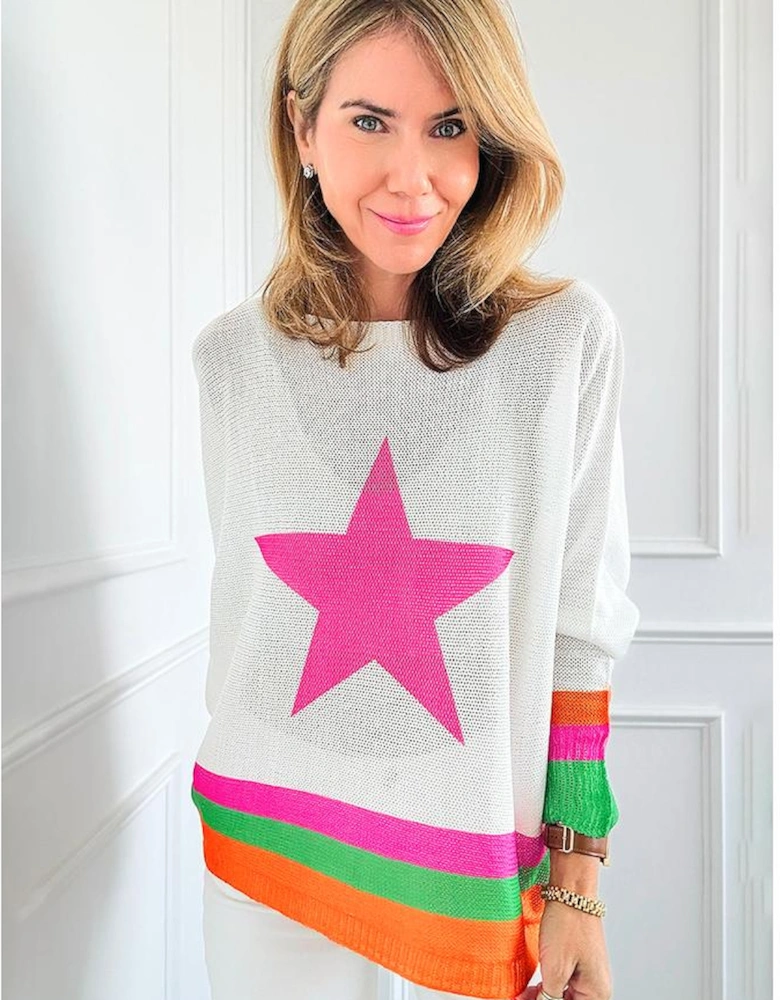 White Star Pattern Colorblock Striped Edge Drop Shoulder Sweater