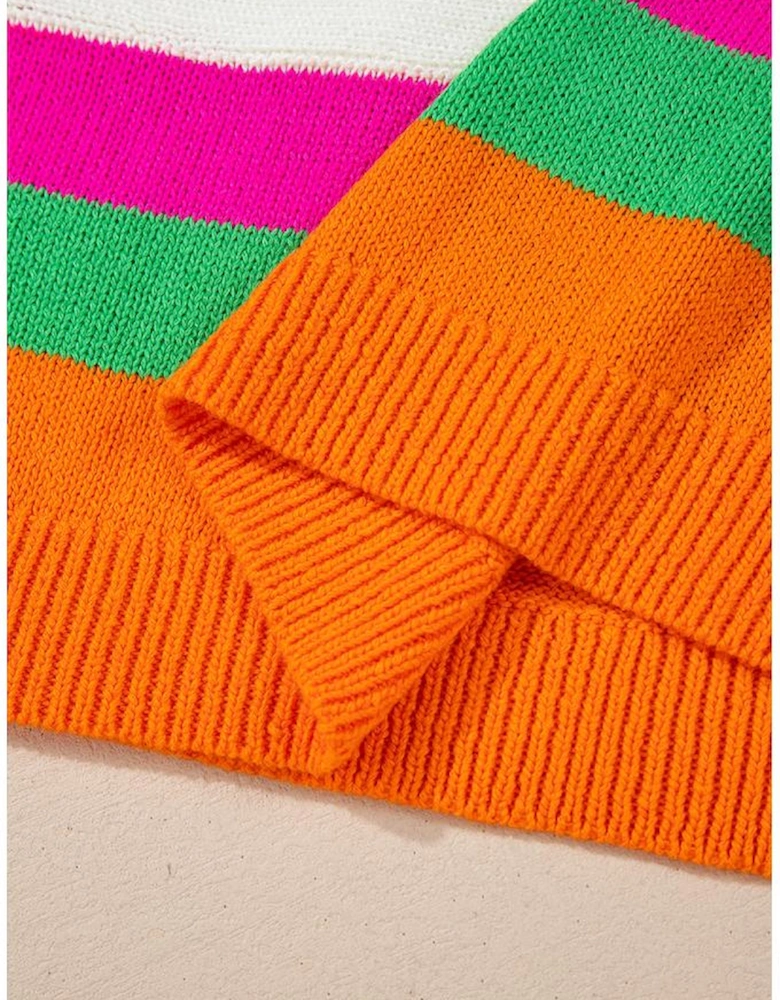 White Star Pattern Colorblock Striped Edge Drop Shoulder Sweater