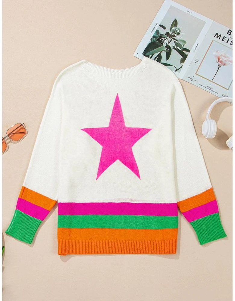 White Star Pattern Colorblock Striped Edge Drop Shoulder Sweater