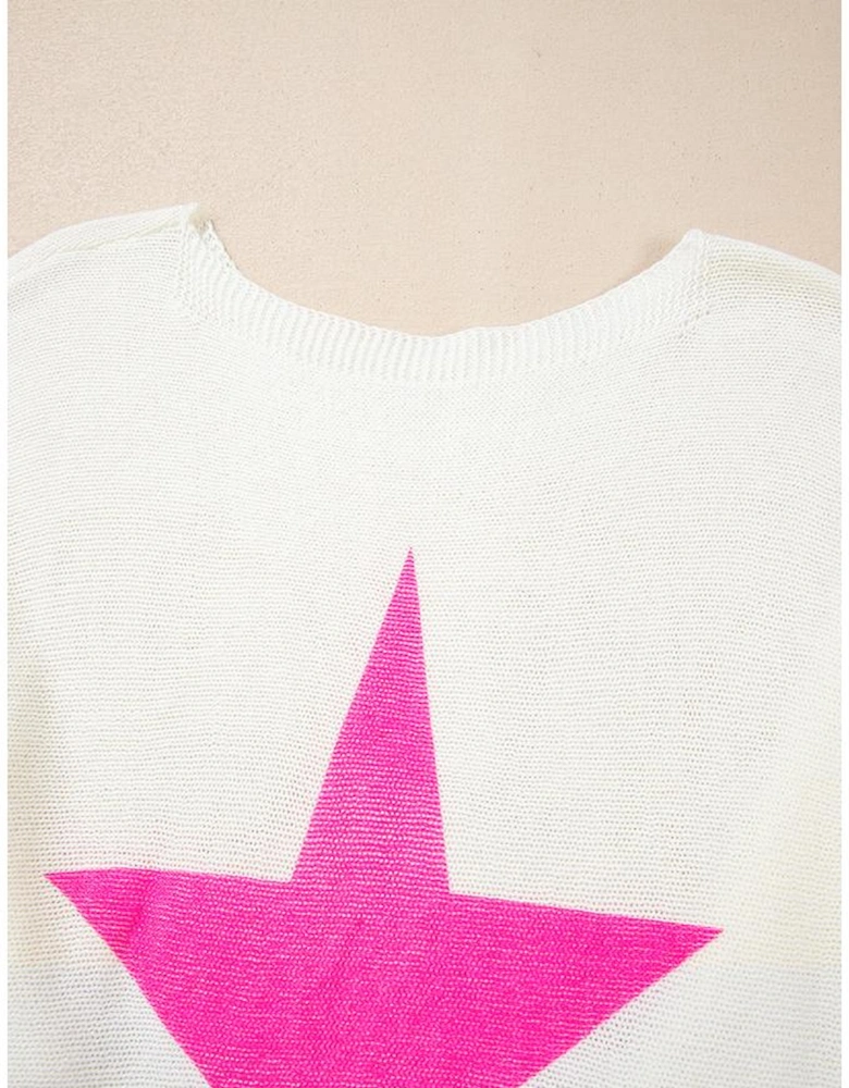 White Star Pattern Colorblock Striped Edge Drop Shoulder Sweater