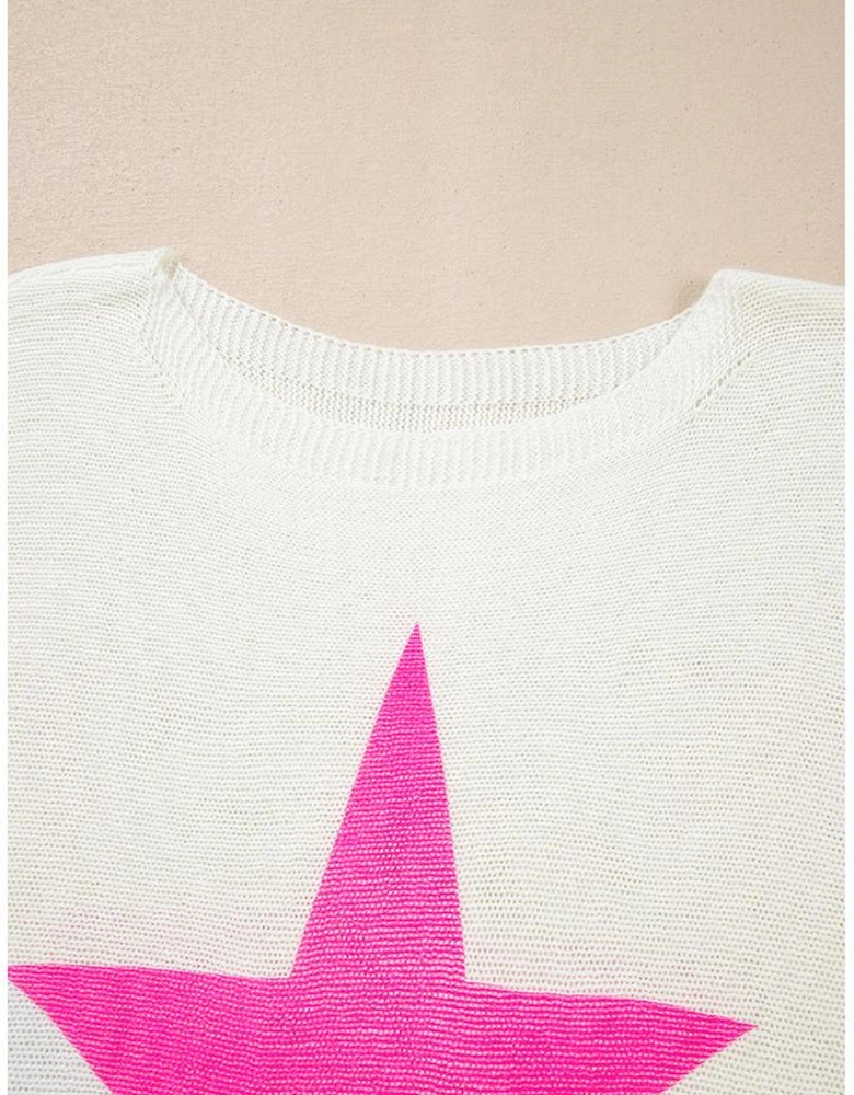 White Star Pattern Colorblock Striped Edge Drop Shoulder Sweater