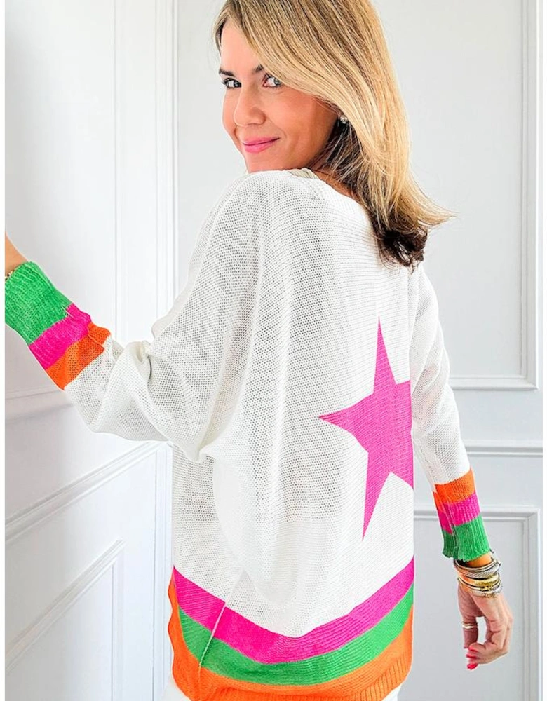 White Star Pattern Colorblock Striped Edge Drop Shoulder Sweater