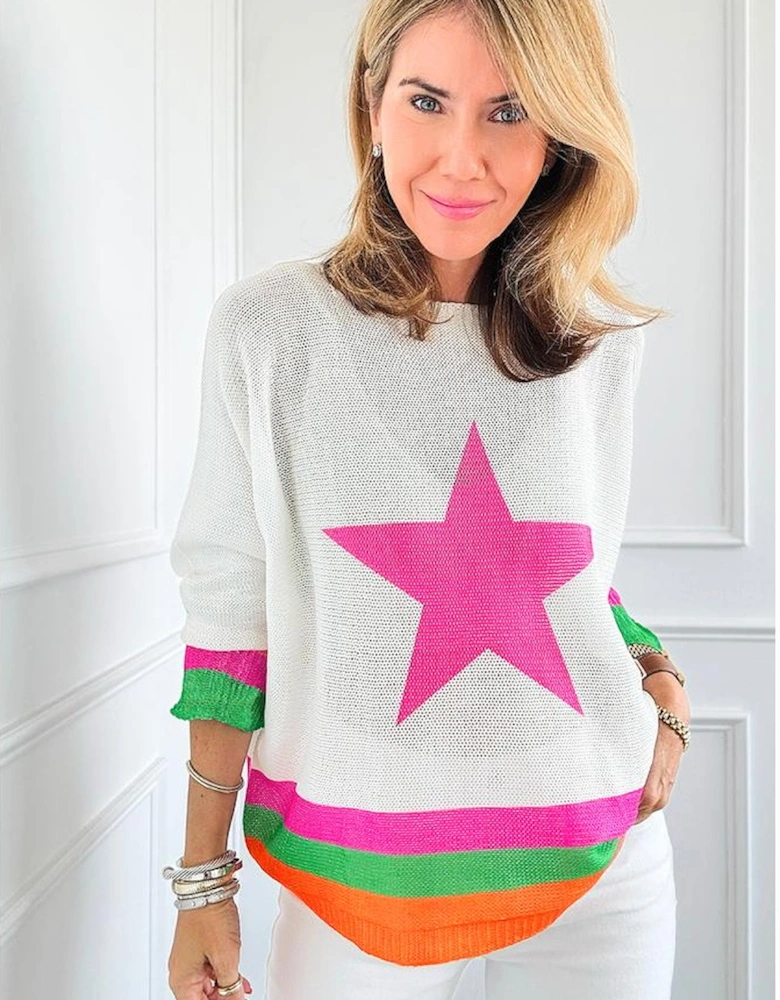 White Star Pattern Colorblock Striped Edge Drop Shoulder Sweater