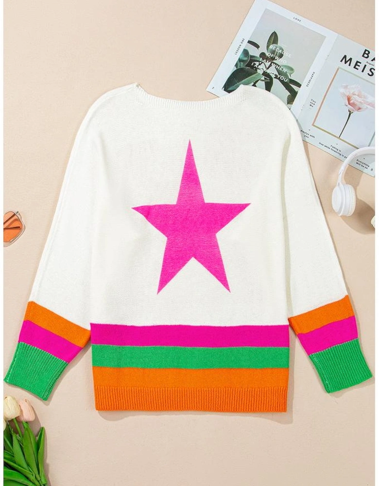 White Star Pattern Colorblock Striped Edge Drop Shoulder Sweater