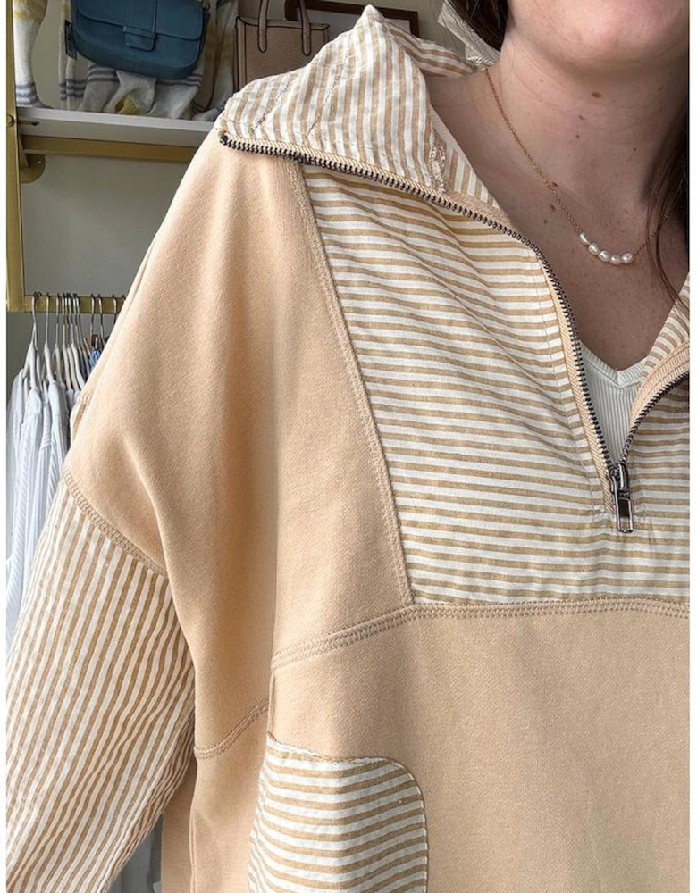 Smoke Gray Quarter Zip Striped Patchwork Drop Shoulder Loose Long Sleeve Top