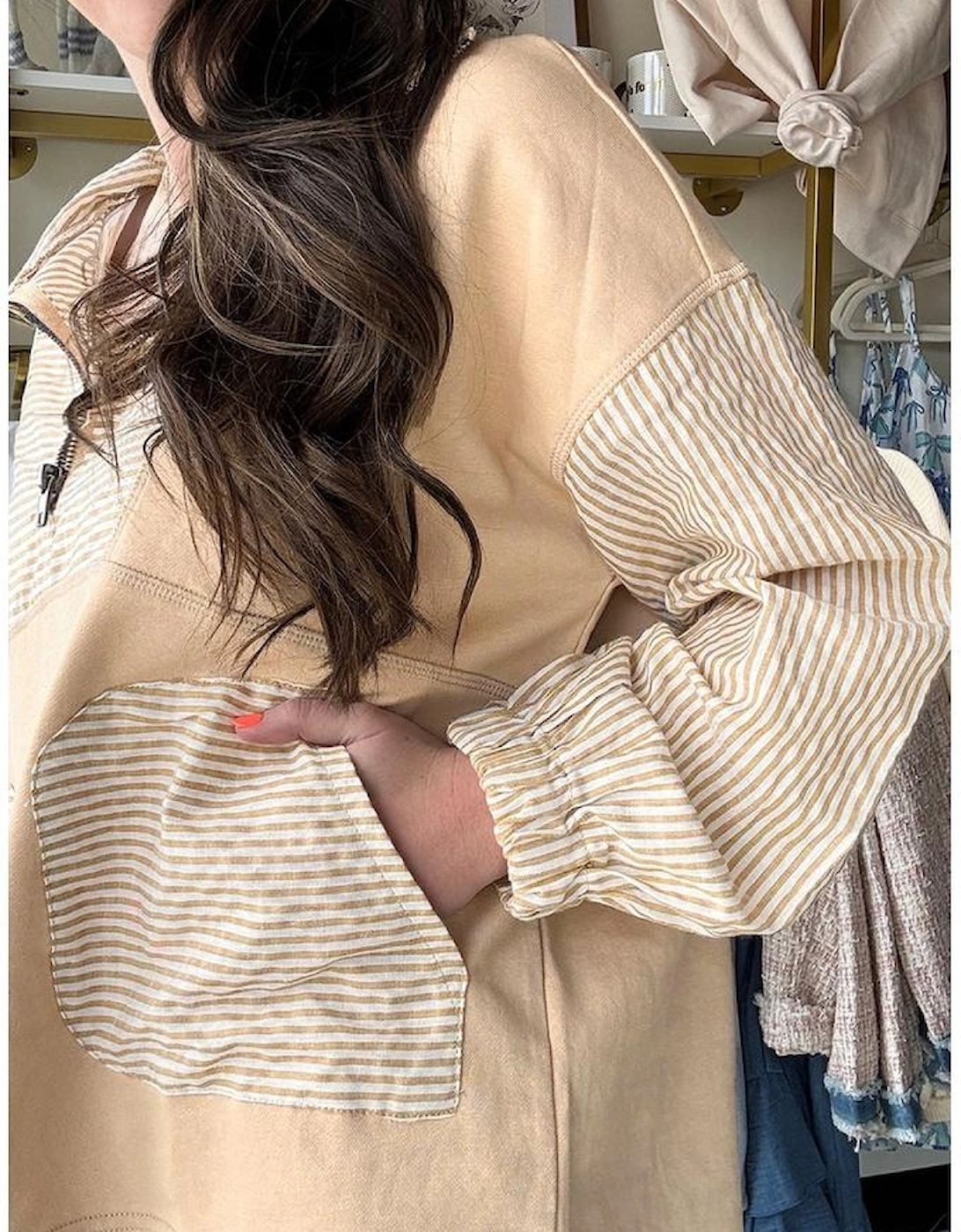 Smoke Gray Quarter Zip Striped Patchwork Drop Shoulder Loose Long Sleeve Top