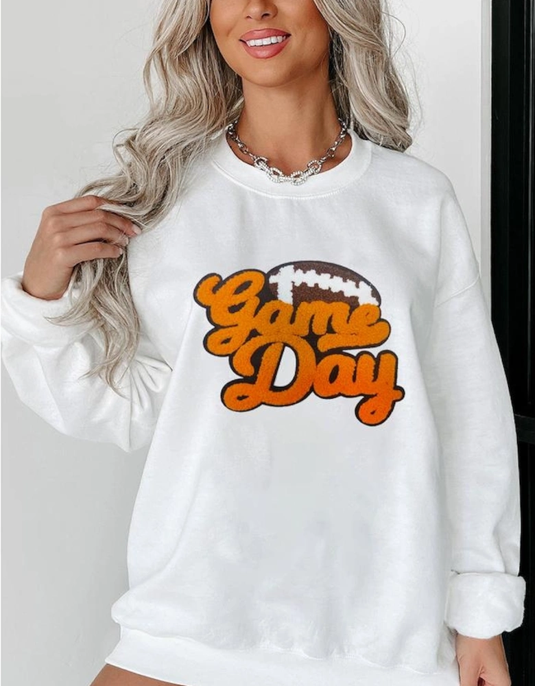 White Chenille Game Day Rugby Football Pattern Pullover Sweatshirt