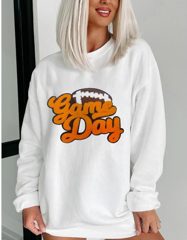 White Chenille Game Day Rugby Football Pattern Pullover Sweatshirt