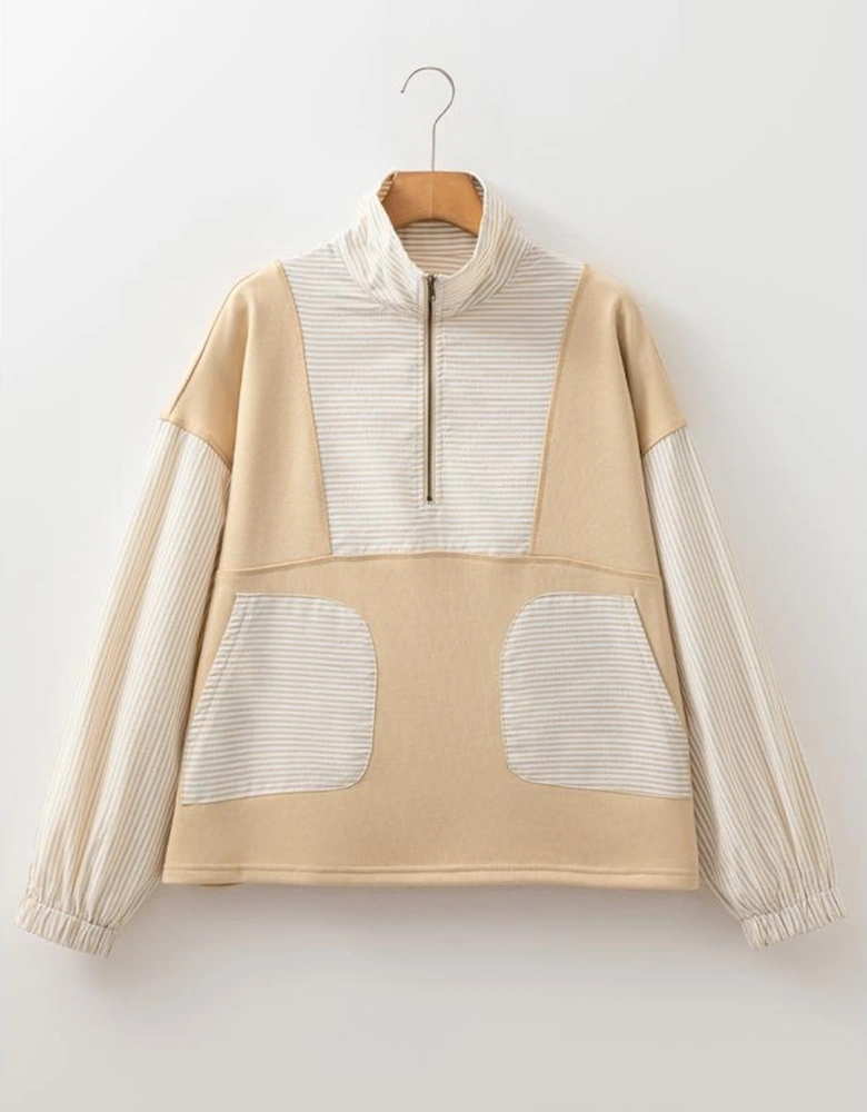 Smoke Gray Quarter Zip Striped Patchwork Drop Shoulder Loose Long Sleeve Top