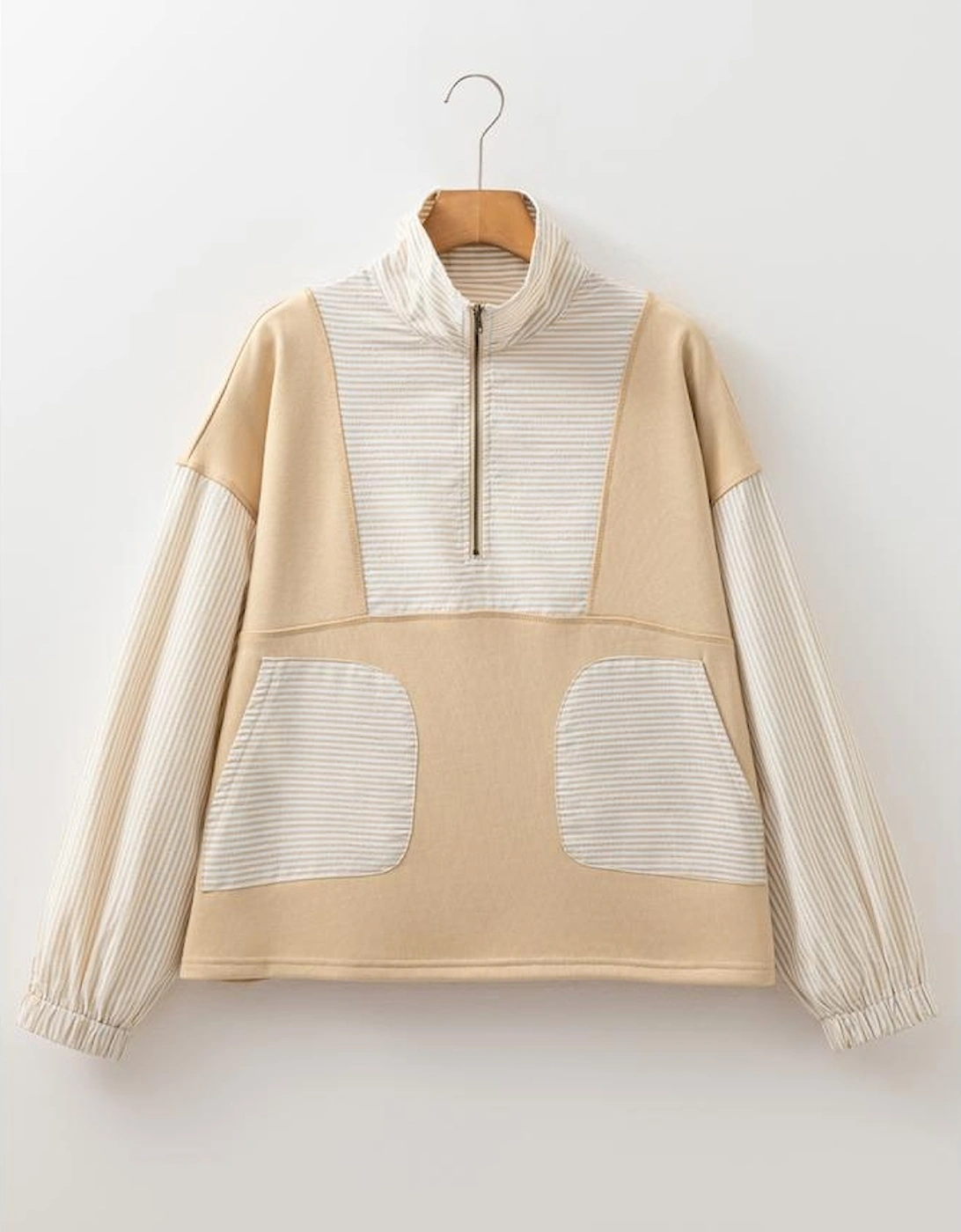 Smoke Gray Quarter Zip Striped Patchwork Drop Shoulder Loose Long Sleeve Top