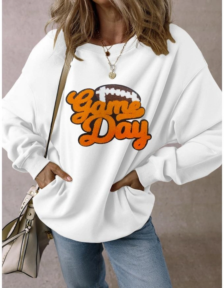 White Chenille Game Day Rugby Football Pattern Pullover Sweatshirt