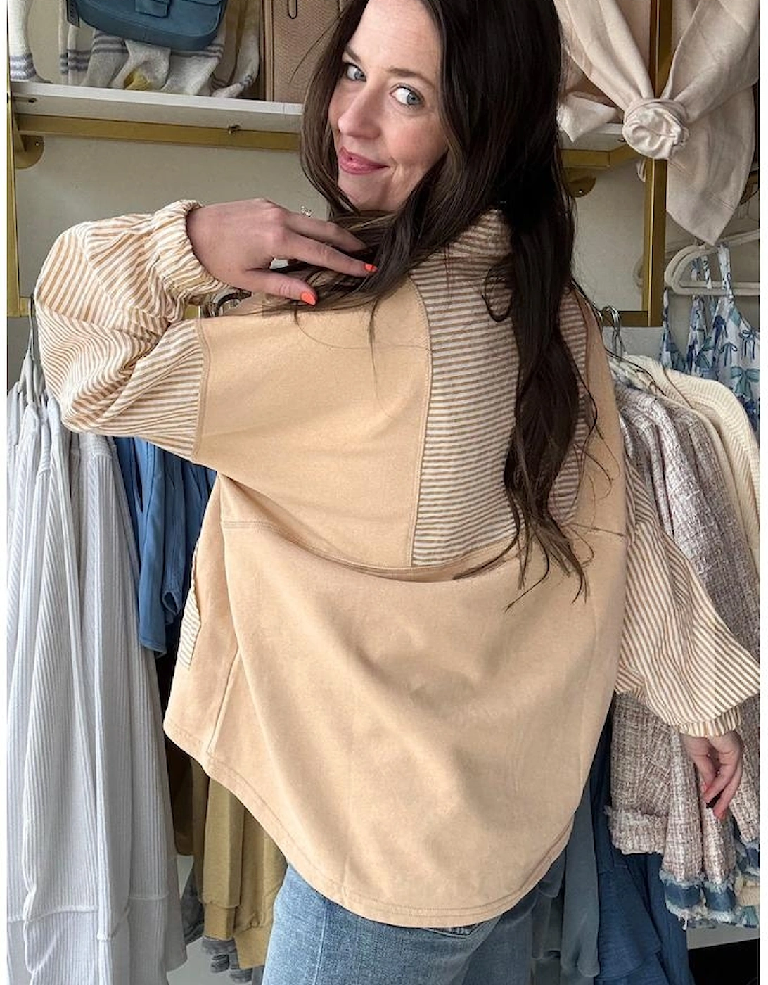 Smoke Gray Quarter Zip Striped Patchwork Drop Shoulder Loose Long Sleeve Top, 13 of 12