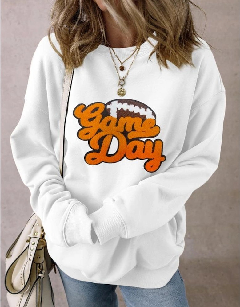 White Chenille Game Day Rugby Football Pattern Pullover Sweatshirt