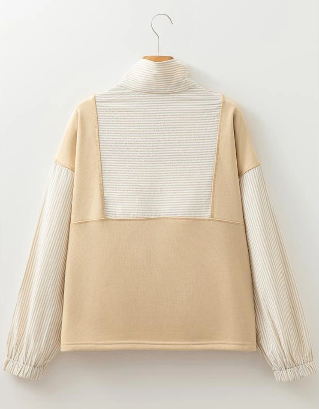 Smoke Gray Quarter Zip Striped Patchwork Drop Shoulder Loose Long Sleeve Top