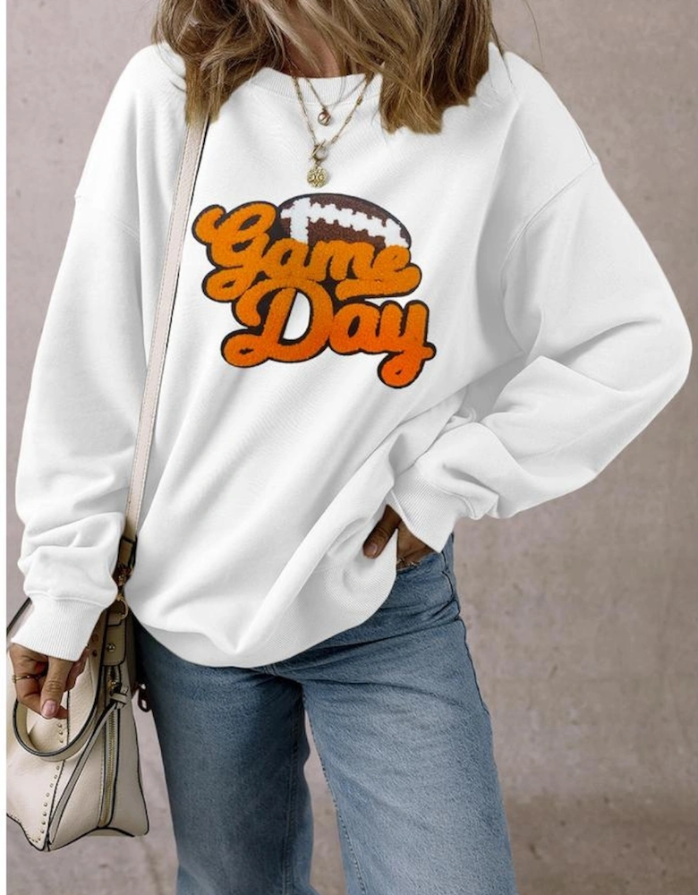 White Chenille Game Day Rugby Football Pattern Pullover Sweatshirt