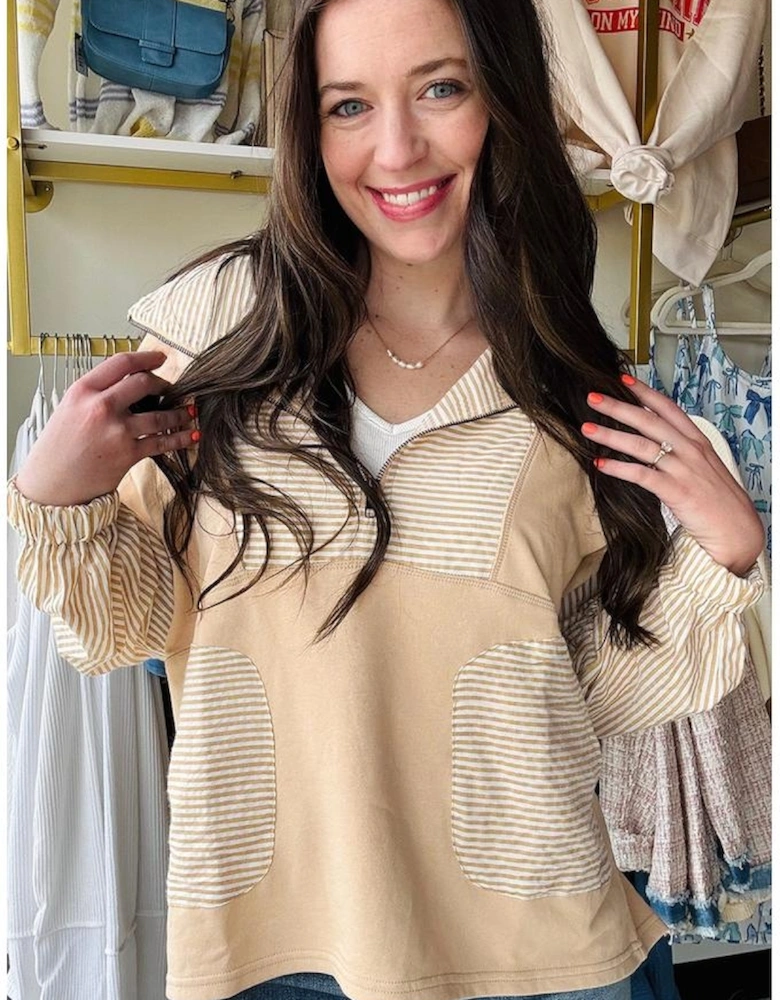 Smoke Gray Quarter Zip Striped Patchwork Drop Shoulder Loose Long Sleeve Top