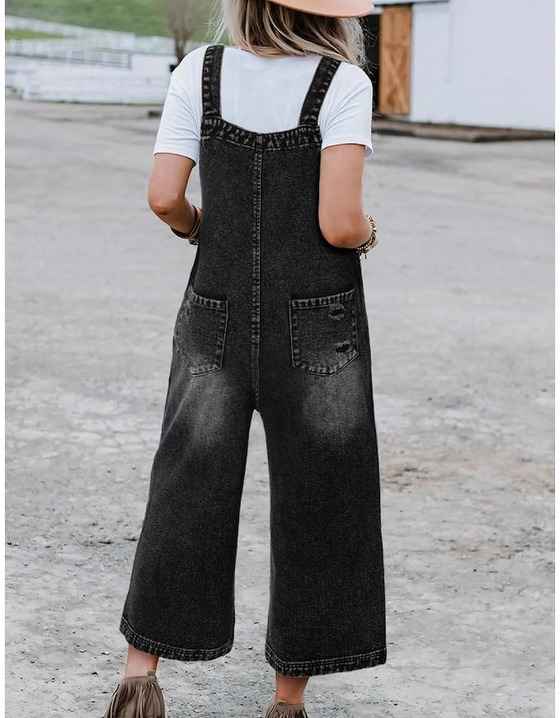 Black Distressed Bib Pocket Wide Leg Denim Overall