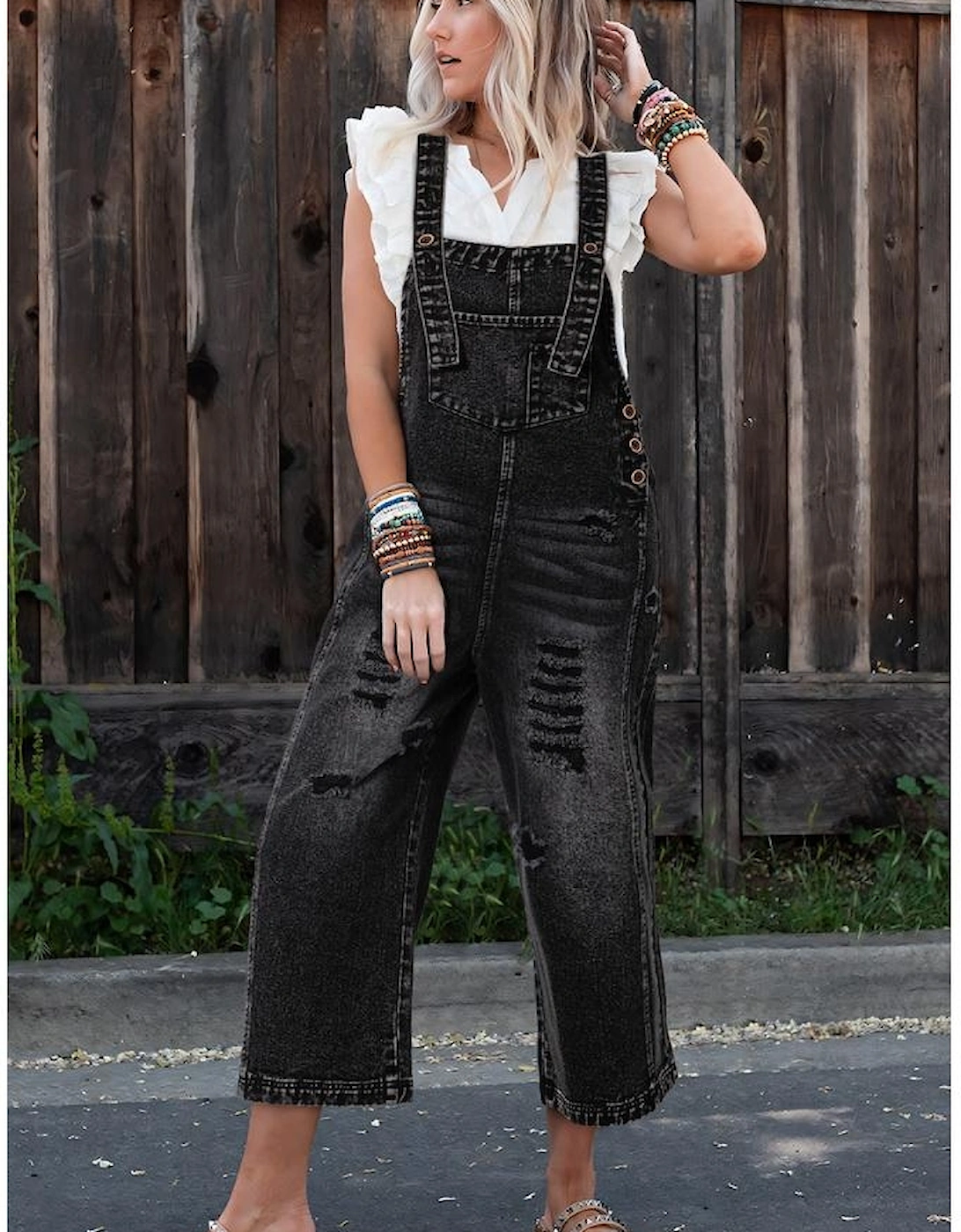 Black Distressed Bib Pocket Wide Leg Denim Overall