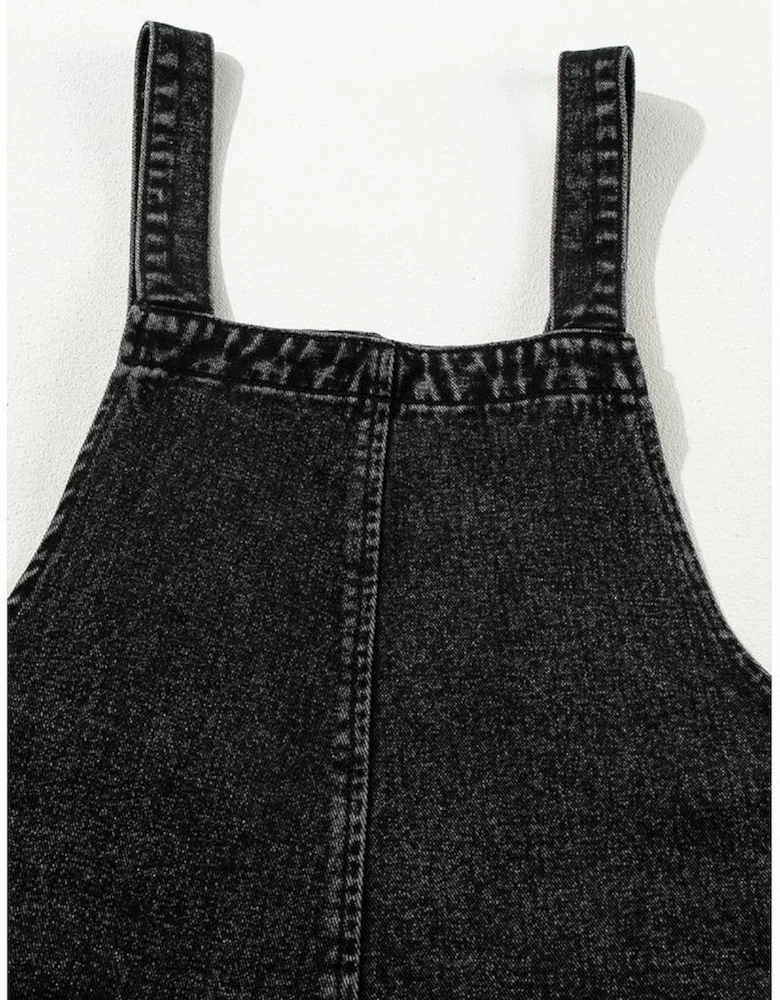 Black Distressed Bib Pocket Wide Leg Denim Overall