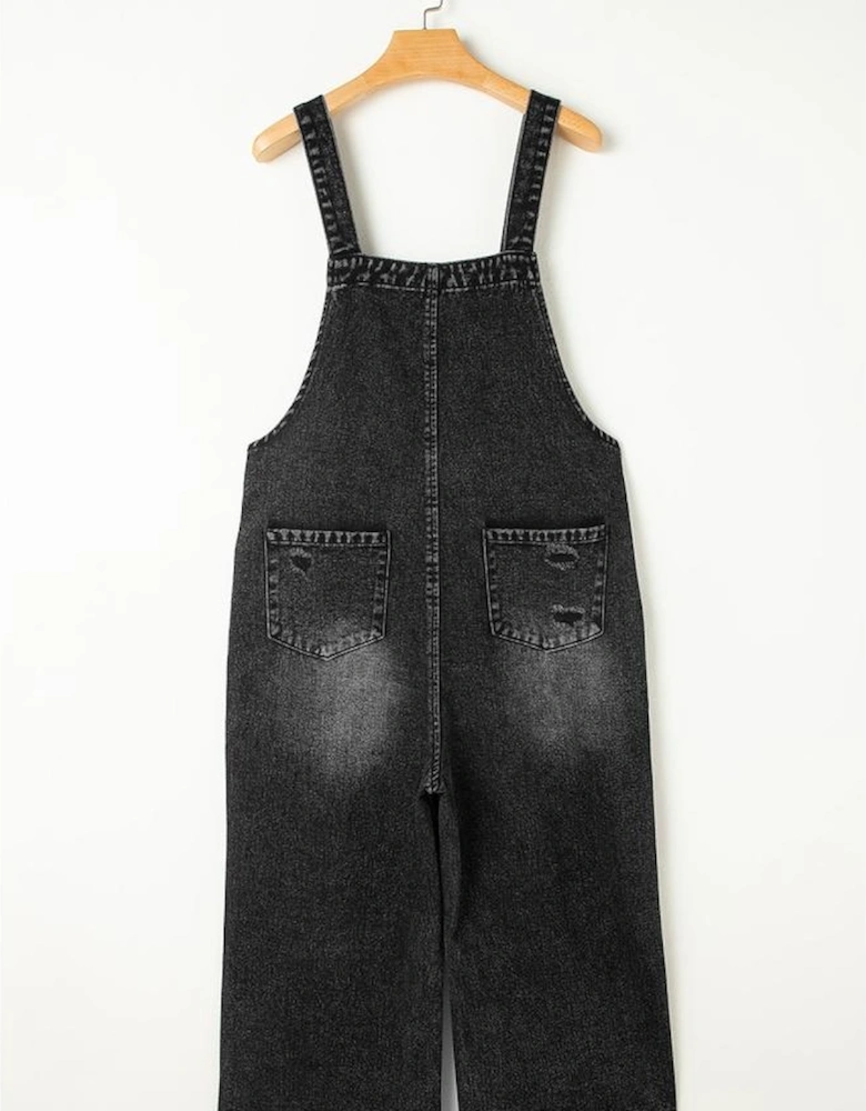 Black Distressed Bib Pocket Wide Leg Denim Overall