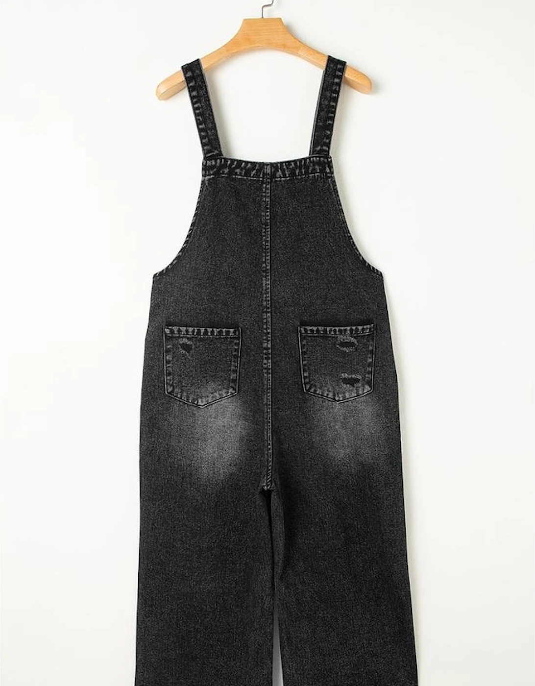 Black Distressed Bib Pocket Wide Leg Denim Overall