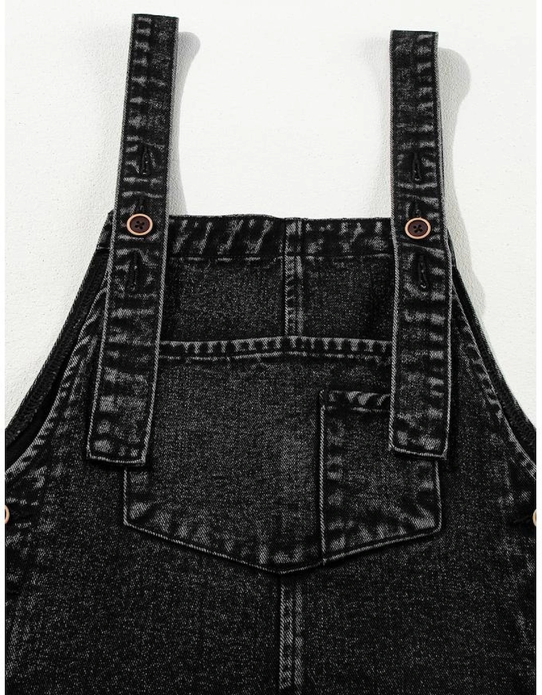Black Distressed Bib Pocket Wide Leg Denim Overall