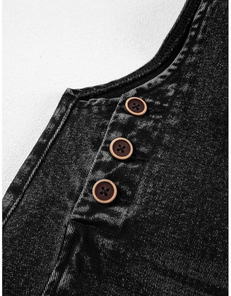 Black Distressed Bib Pocket Wide Leg Denim Overall