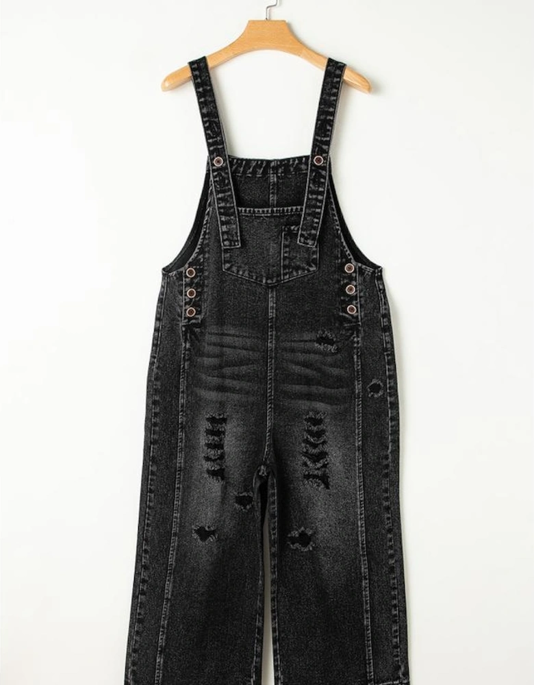Black Distressed Bib Pocket Wide Leg Denim Overall
