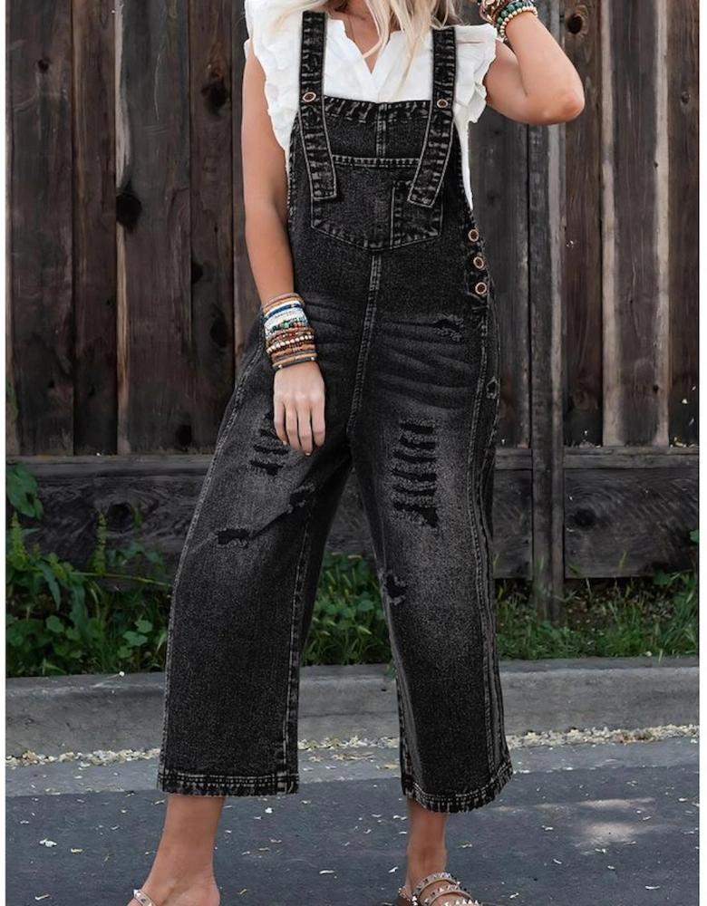 Black Distressed Bib Pocket Wide Leg Denim Overall