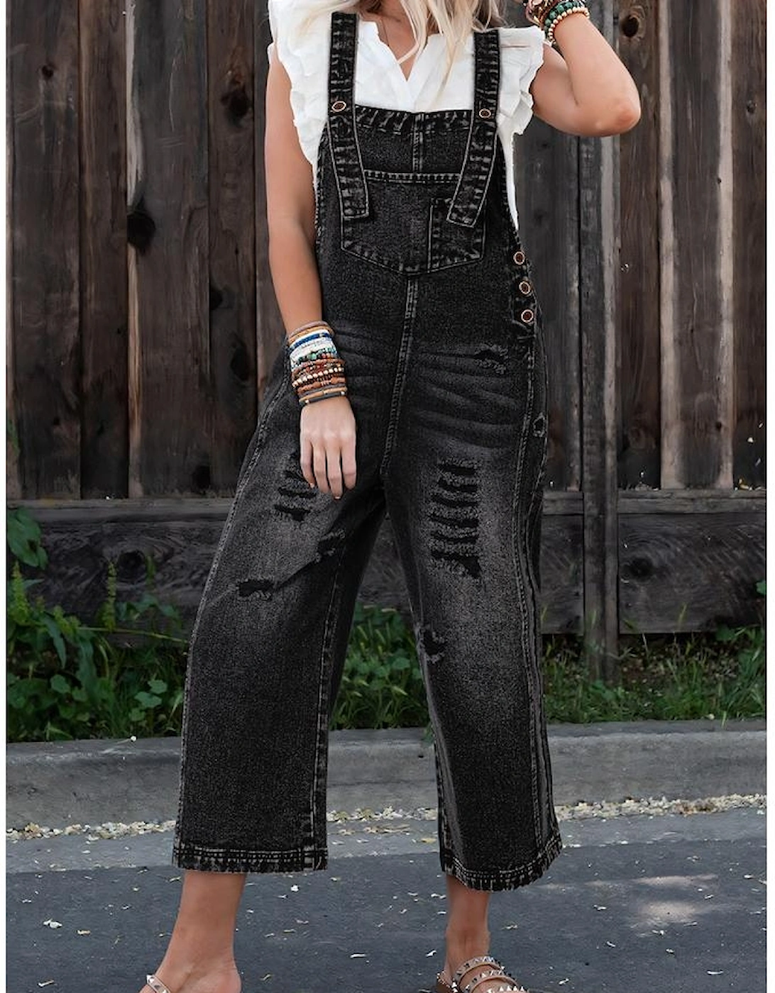 Black Distressed Bib Pocket Wide Leg Denim Overall