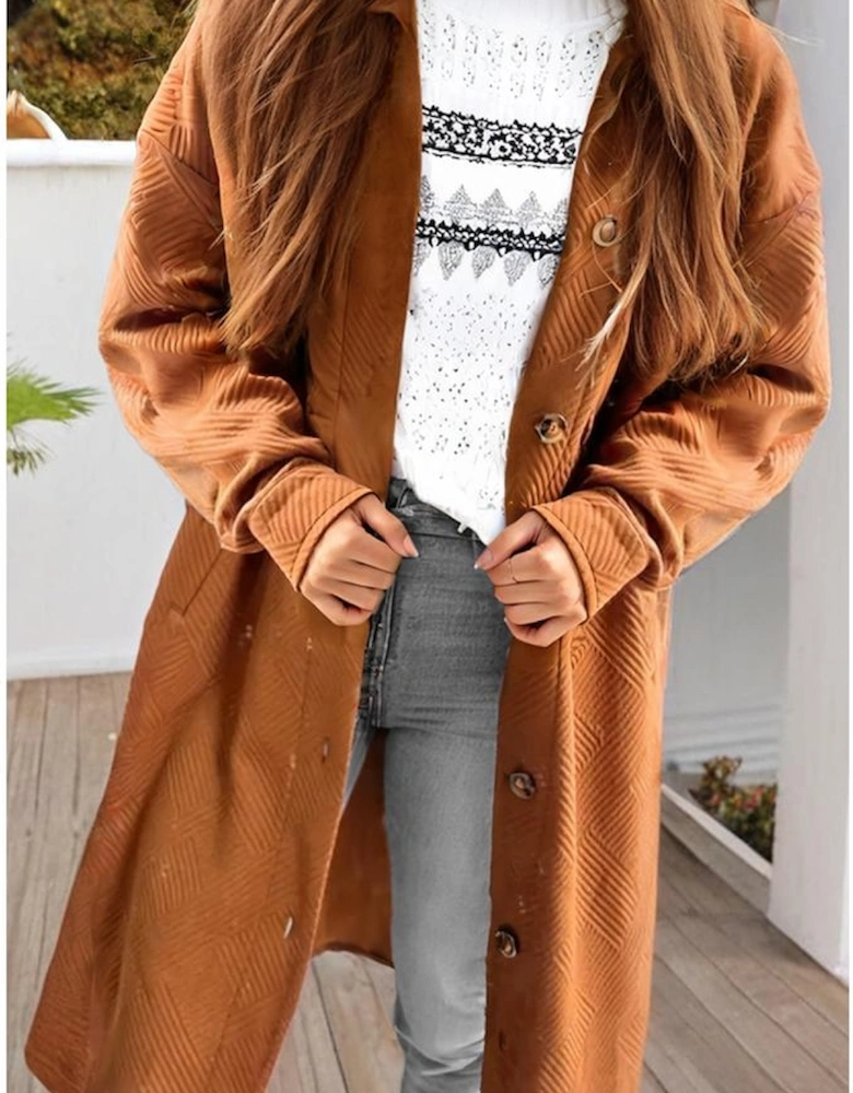 Gold Flame Textured Collared Drop Shoulder Buttoned Front Duster Coat