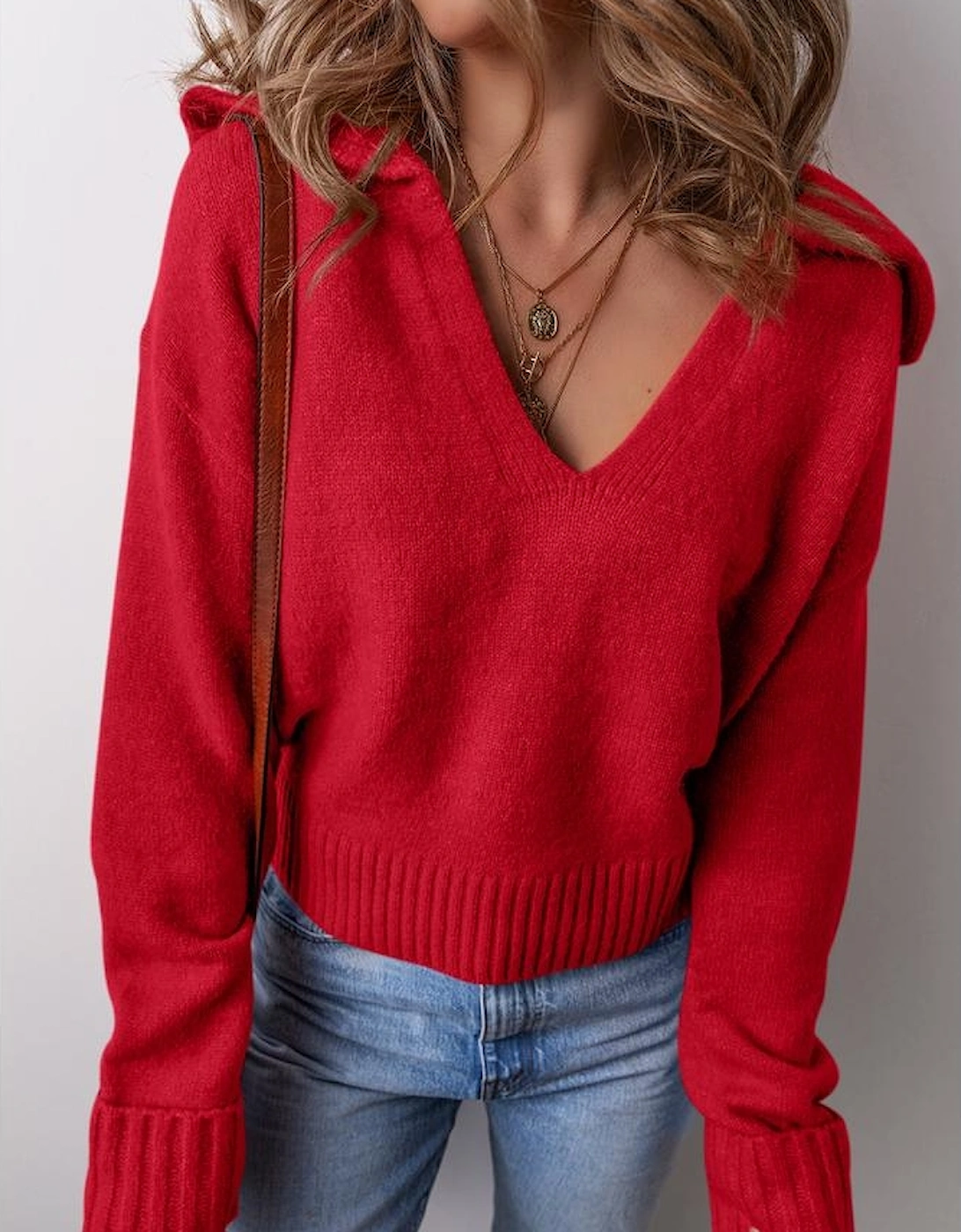 Racing Red Collared V Neck Ribbed Edge Sexy Elegant Sweater