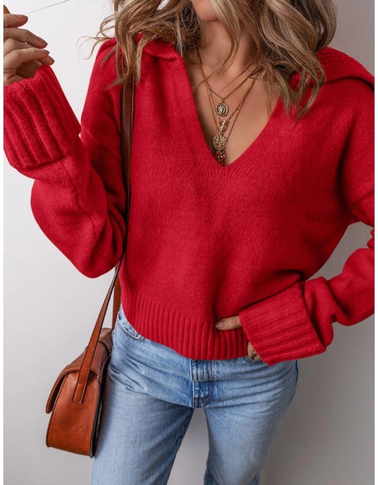 Racing Red Collared V Neck Ribbed Edge Sexy Elegant Sweater