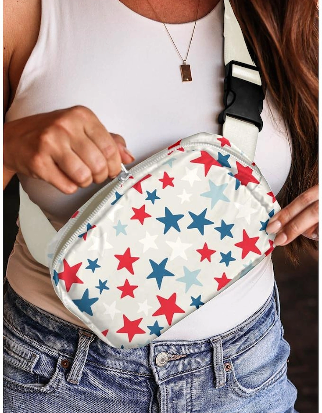 White Star Printed Buckle Strap Flag Day Crossbody Bag