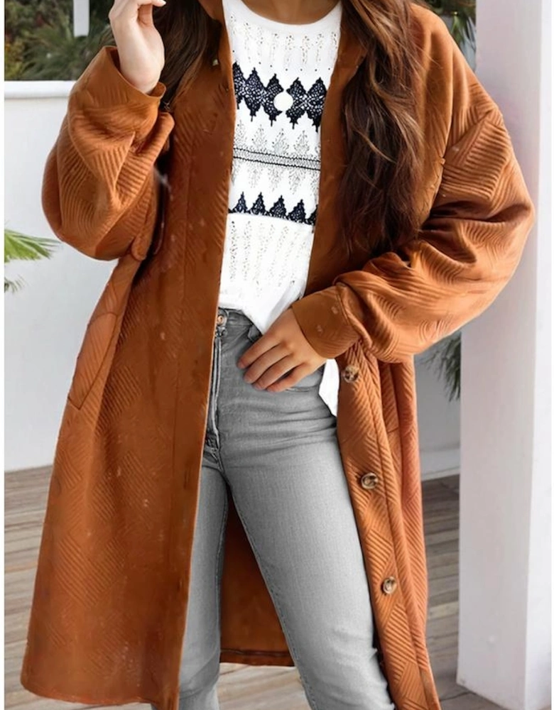 Gold Flame Textured Collared Drop Shoulder Buttoned Front Duster Coat