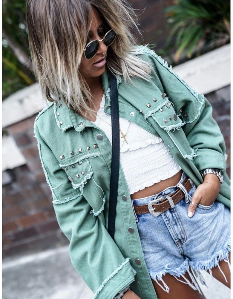 Mist Green Frayed Trim Riveted Denim Jacket