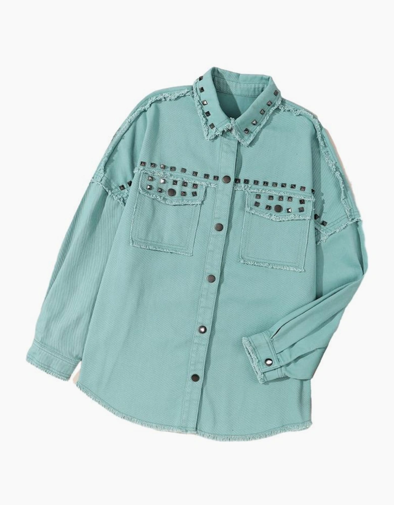 Mist Green Frayed Trim Riveted Denim Jacket