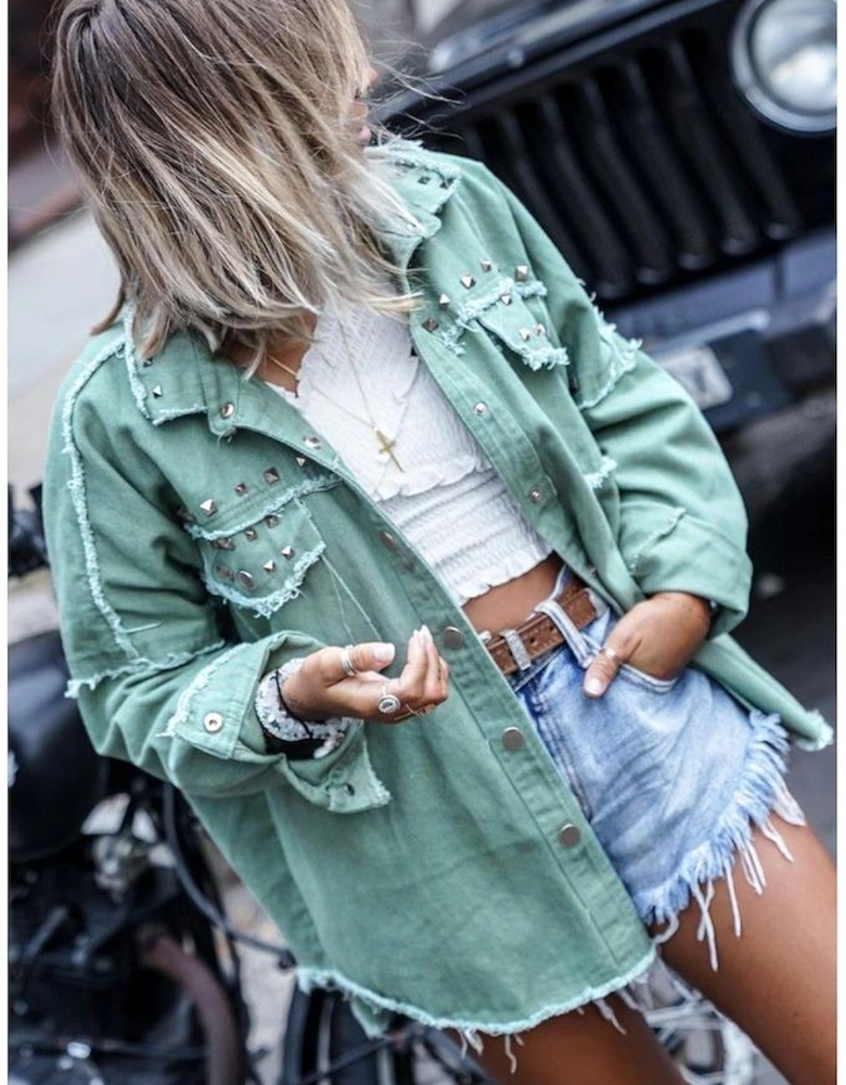 Mist Green Frayed Trim Riveted Denim Jacket