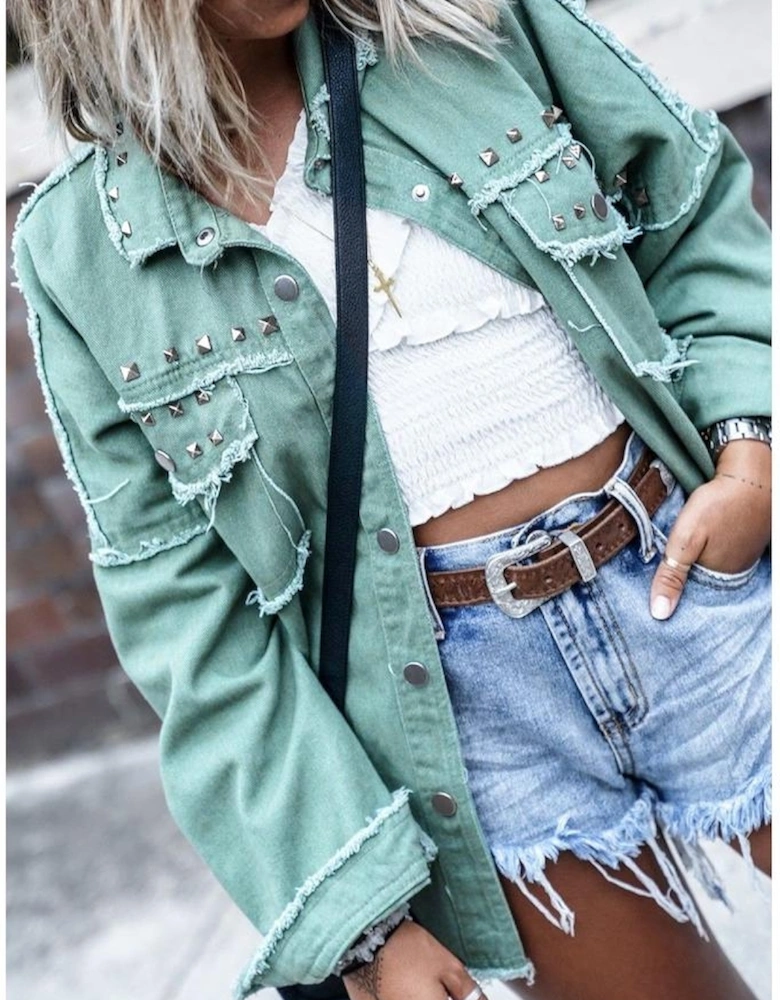 Mist Green Frayed Trim Riveted Denim Jacket