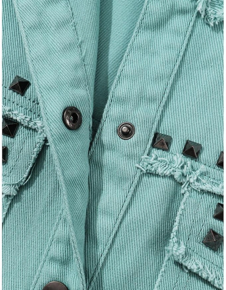 Mist Green Frayed Trim Riveted Denim Jacket