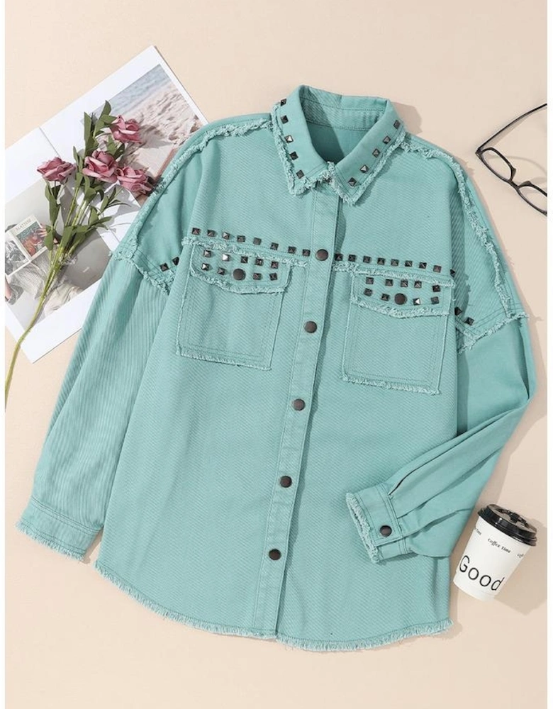 Mist Green Frayed Trim Riveted Denim Jacket