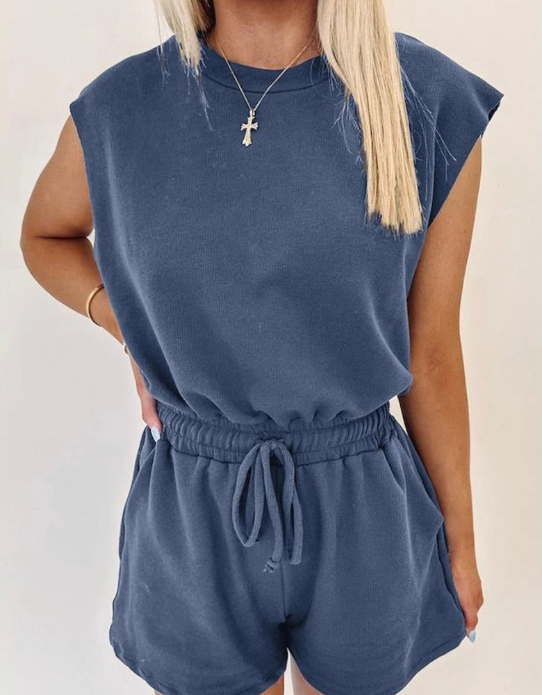 Ashleigh Blue Knit Open Back Cap Sleeve Drawstring Romper