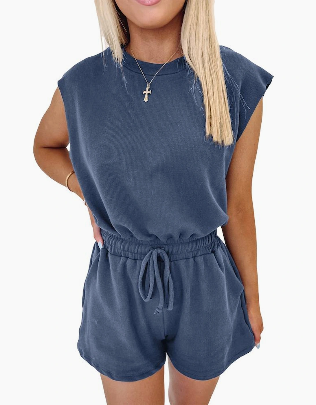Ashleigh Blue Knit Open Back Cap Sleeve Drawstring Romper