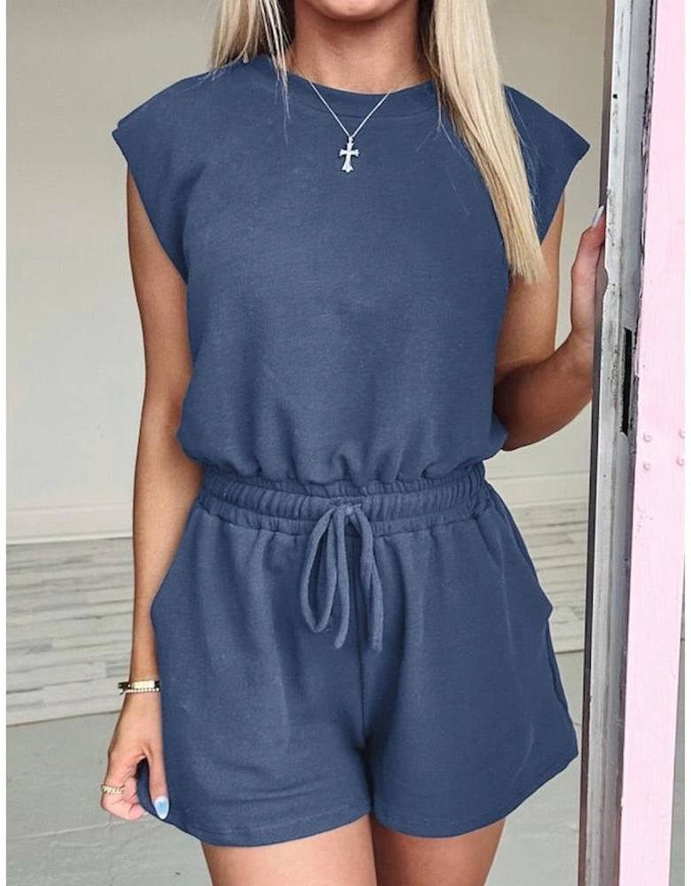 Ashleigh Blue Knit Open Back Cap Sleeve Drawstring Romper