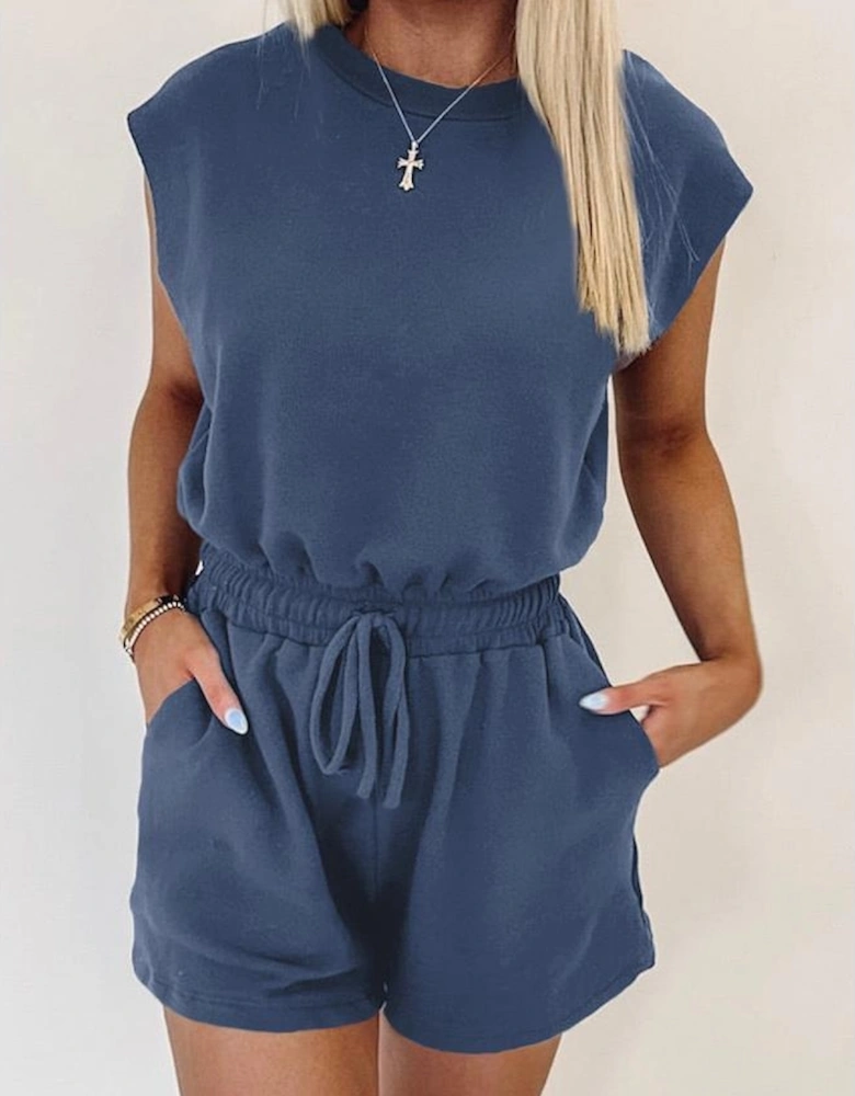 Ashleigh Blue Knit Open Back Cap Sleeve Drawstring Romper