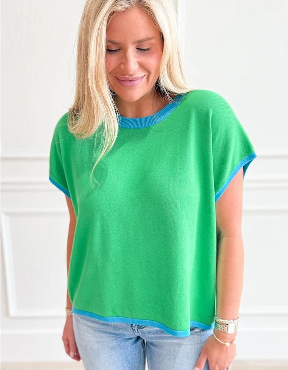 Green Contrast Trim Round Neck Short Sleeve Loose Knit Sweater